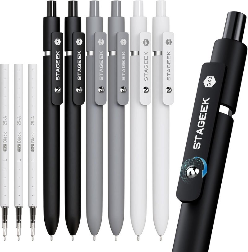 STAGEEK Black Gel Pens, 6Pcs Fine Point Smooth Writing Pens with 3 Extra Refills, Black Ink Pens for Journaling, Office, Note Taking, School Supplies, Nurse Aesthetic(Black Gray White) - Image 1